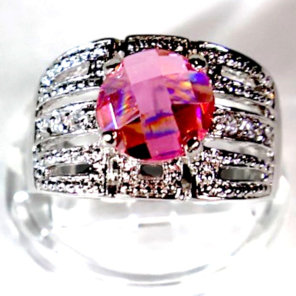 Swarovski Crystal Pink Pixel Cut Statement Ring Silver Overlay Wide Band Size 8